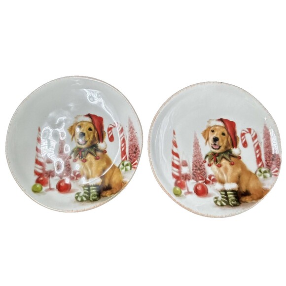Southern Living Christmas Santa Paws Golden Retriever Stoneware Salad Plates 2 - Picture 4 of 8